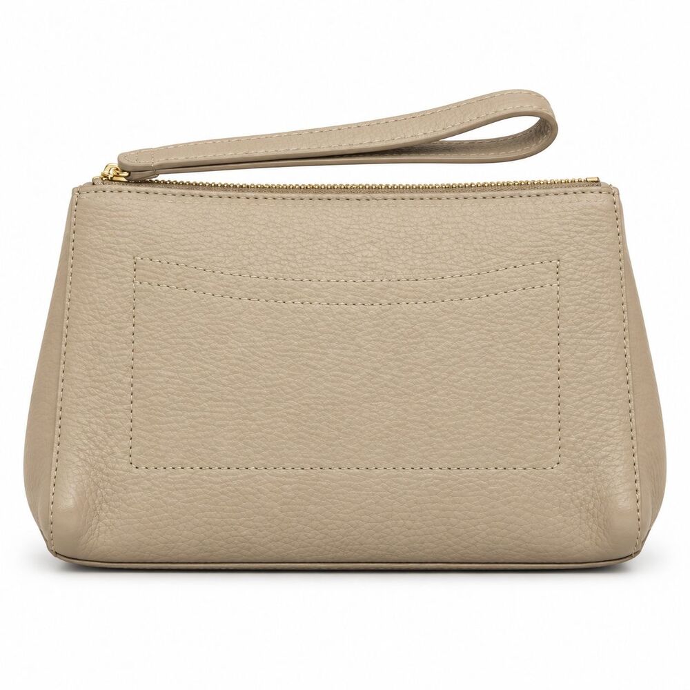 Cuyana Slim Wristlet Wallet Women Taupe Pebbled Italian Leather Clutch Zip Pouch